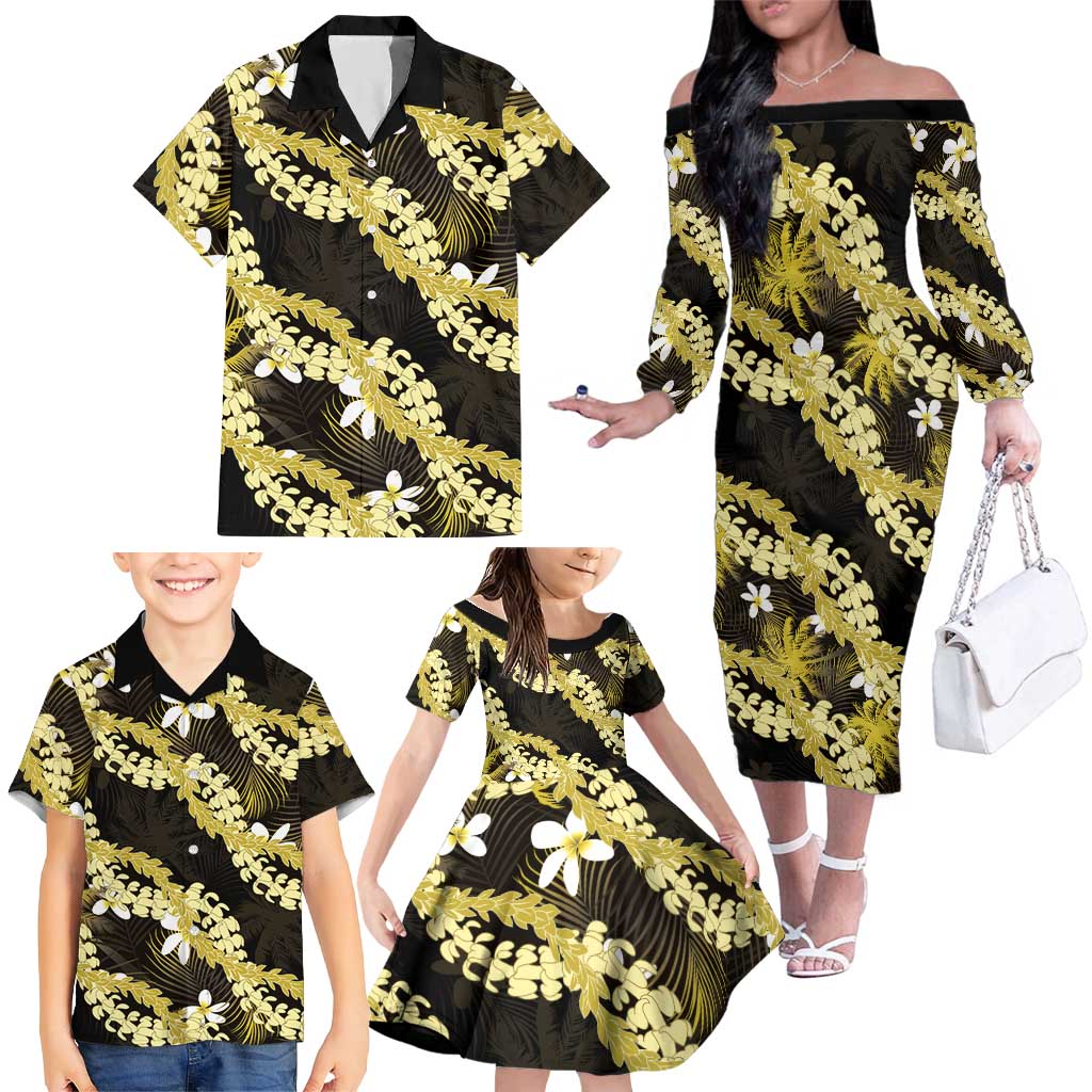 Puakenikeni Maile Lei Family Matching Off The Shoulder Long Sleeve Dress and Hawaiian Shirt Frangipani Yellow Tropical Leaves