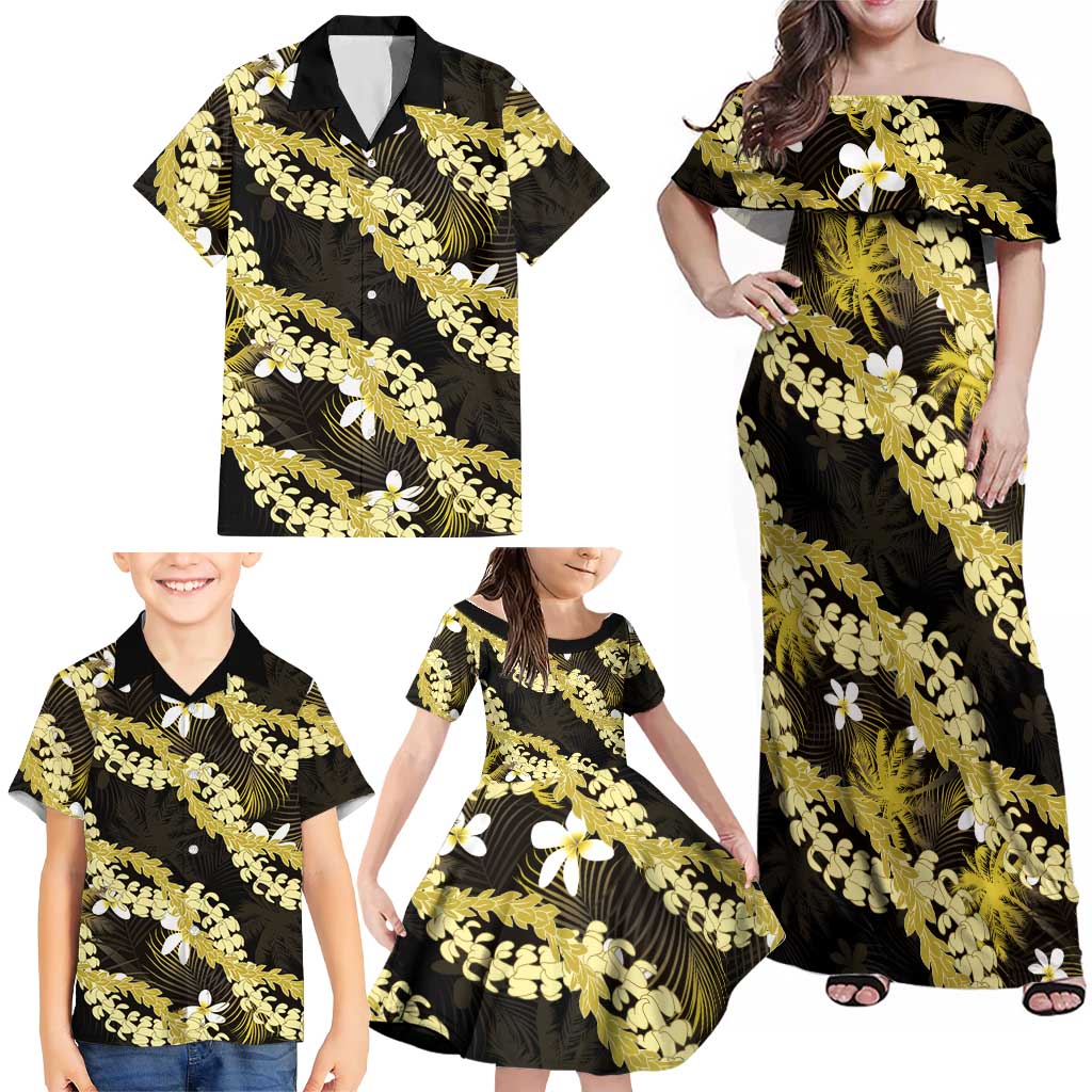 Puakenikeni Maile Lei Family Matching Off Shoulder Maxi Dress and Hawaiian Shirt Frangipani Yellow Tropical Leaves
