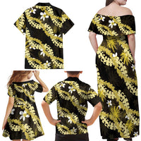 Puakenikeni Maile Lei Family Matching Off Shoulder Maxi Dress and Hawaiian Shirt Frangipani Yellow Tropical Leaves LT01 - Polynesian Pride