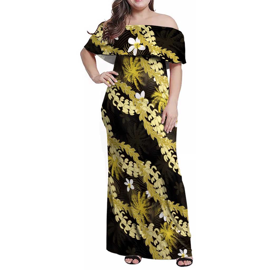 Puakenikeni Maile Lei Family Matching Off Shoulder Maxi Dress and Hawaiian Shirt Frangipani Yellow Tropical Leaves LT01 Mom's Dress Yellow - Polynesian Pride