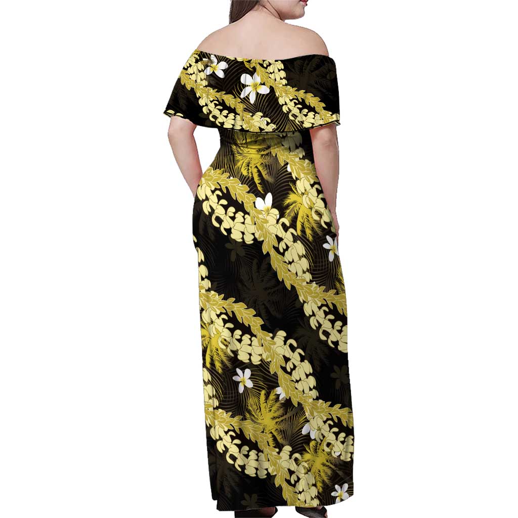 Puakenikeni Maile Lei Family Matching Off Shoulder Maxi Dress and Hawaiian Shirt Frangipani Yellow Tropical Leaves LT01 - Polynesian Pride