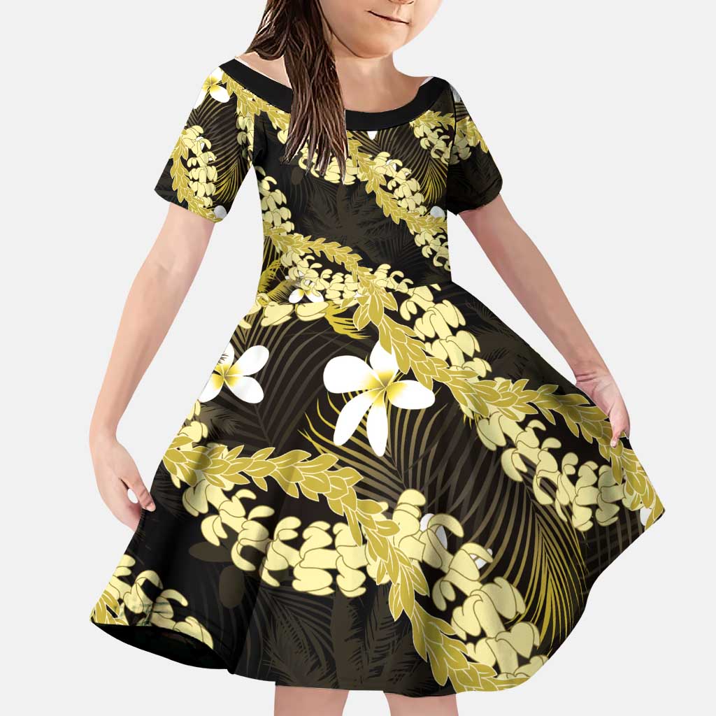 Puakenikeni Maile Lei Family Matching Off Shoulder Short Dress and Hawaiian Shirt Frangipani Yellow Tropical Leaves LT01 Daughter's Dress Yellow - Polynesian Pride
