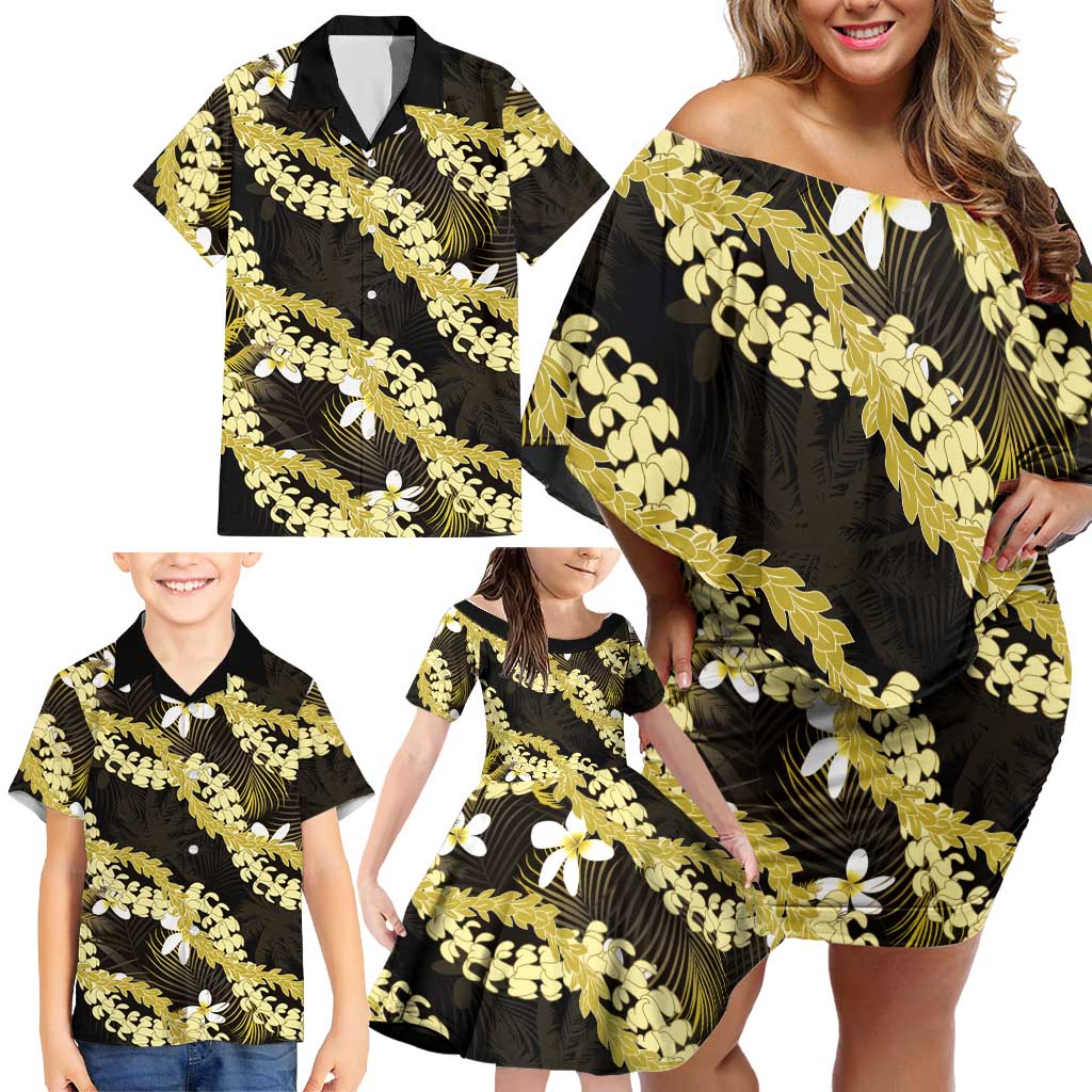 Puakenikeni Maile Lei Family Matching Off Shoulder Short Dress and Hawaiian Shirt Frangipani Yellow Tropical Leaves LT01 - Polynesian Pride