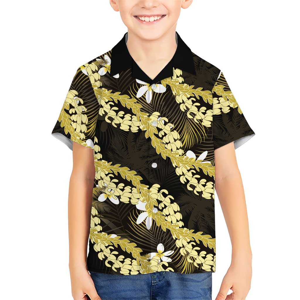 Puakenikeni Maile Lei Family Matching Off Shoulder Short Dress and Hawaiian Shirt Frangipani Yellow Tropical Leaves LT01 Son's Shirt Yellow - Polynesian Pride