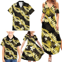 Puakenikeni Maile Lei Family Matching Summer Maxi Dress and Hawaiian Shirt Frangipani Yellow Tropical Leaves LT01 - Polynesian Pride