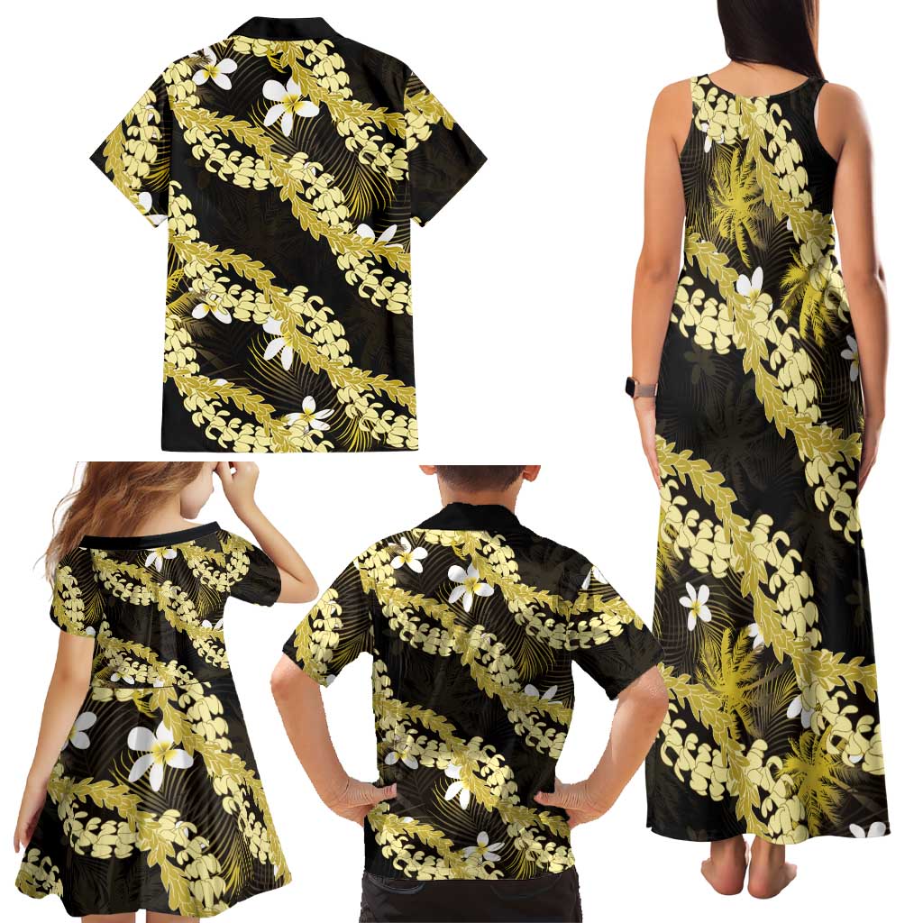 Puakenikeni Maile Lei Family Matching Tank Maxi Dress and Hawaiian Shirt Frangipani Yellow Tropical Leaves LT01 - Polynesian Pride