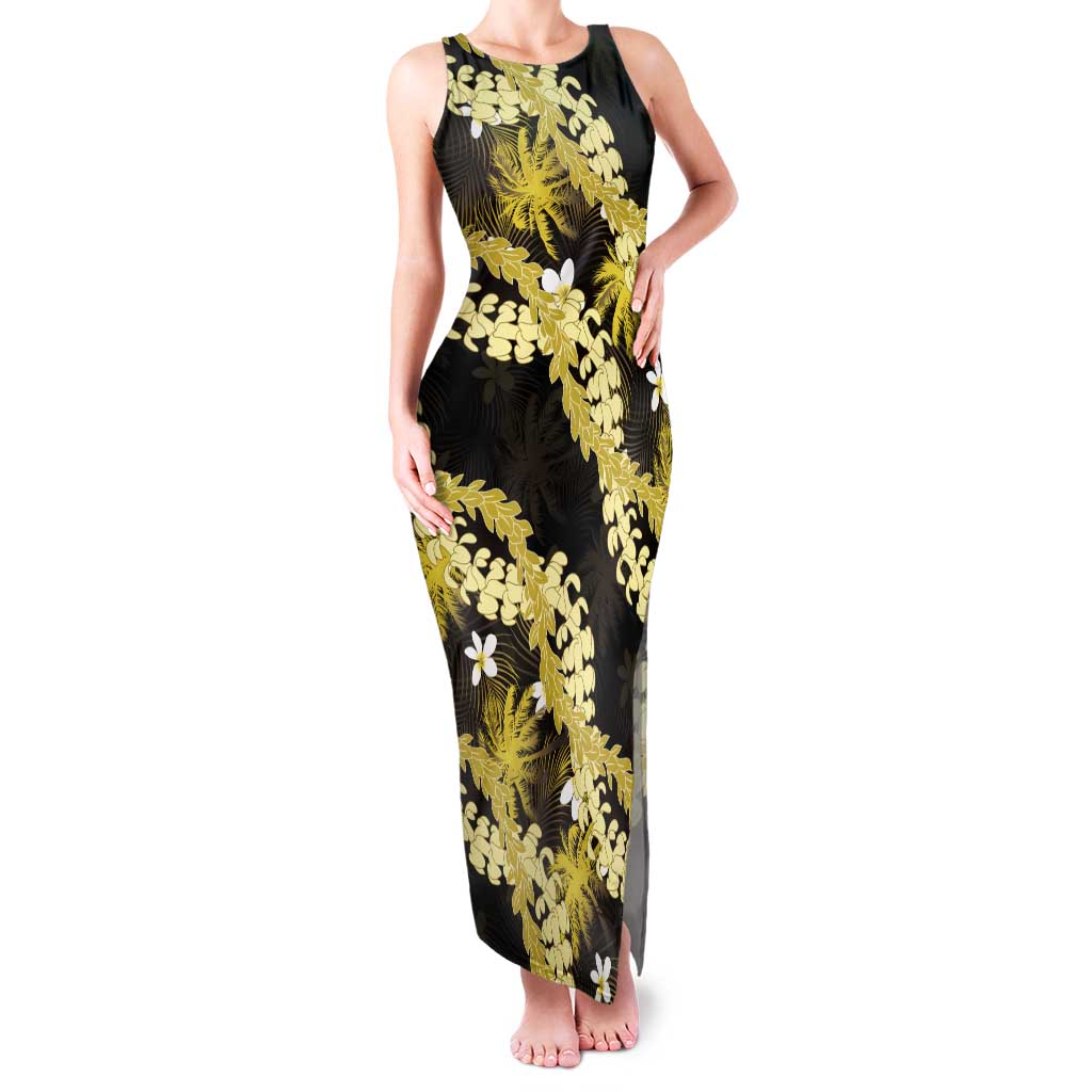 Puakenikeni Maile Lei Family Matching Tank Maxi Dress and Hawaiian Shirt Frangipani Yellow Tropical Leaves LT01 Mom's Dress Yellow - Polynesian Pride