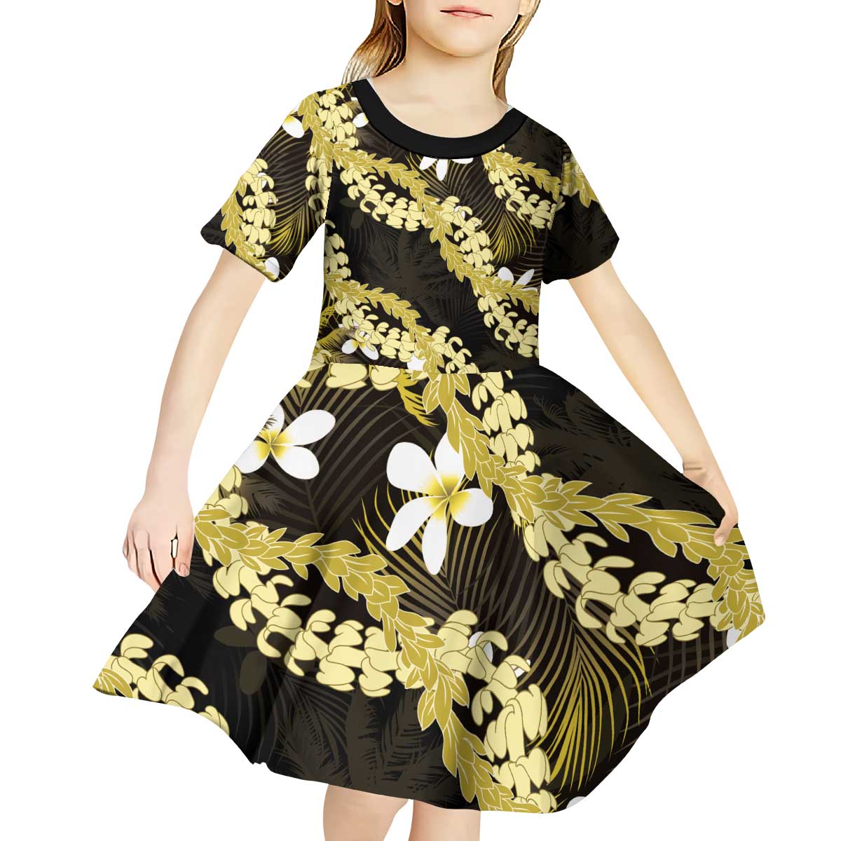 Puakenikeni Maile Lei Kid Short Sleeve Dress Frangipani Yellow Tropical Leaves LT01 - Polynesian Pride