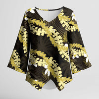 Puakenikeni Maile Lei Kimono Sleeve Blouse Frangipani Yellow Tropical Leaves