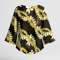 Puakenikeni Maile Lei Kimono Sleeve Blouse Frangipani Yellow Tropical Leaves