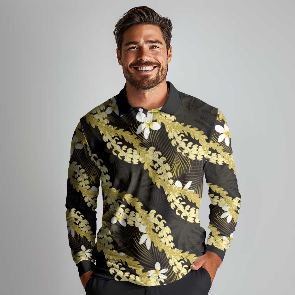 Puakenikeni Maile Lei Long Sleeve Polo Shirt Frangipani Yellow Tropical Leaves LT01 - Polynesian Pride