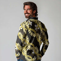 Puakenikeni Maile Lei Long Sleeve Polo Shirt Frangipani Yellow Tropical Leaves LT01 - Polynesian Pride