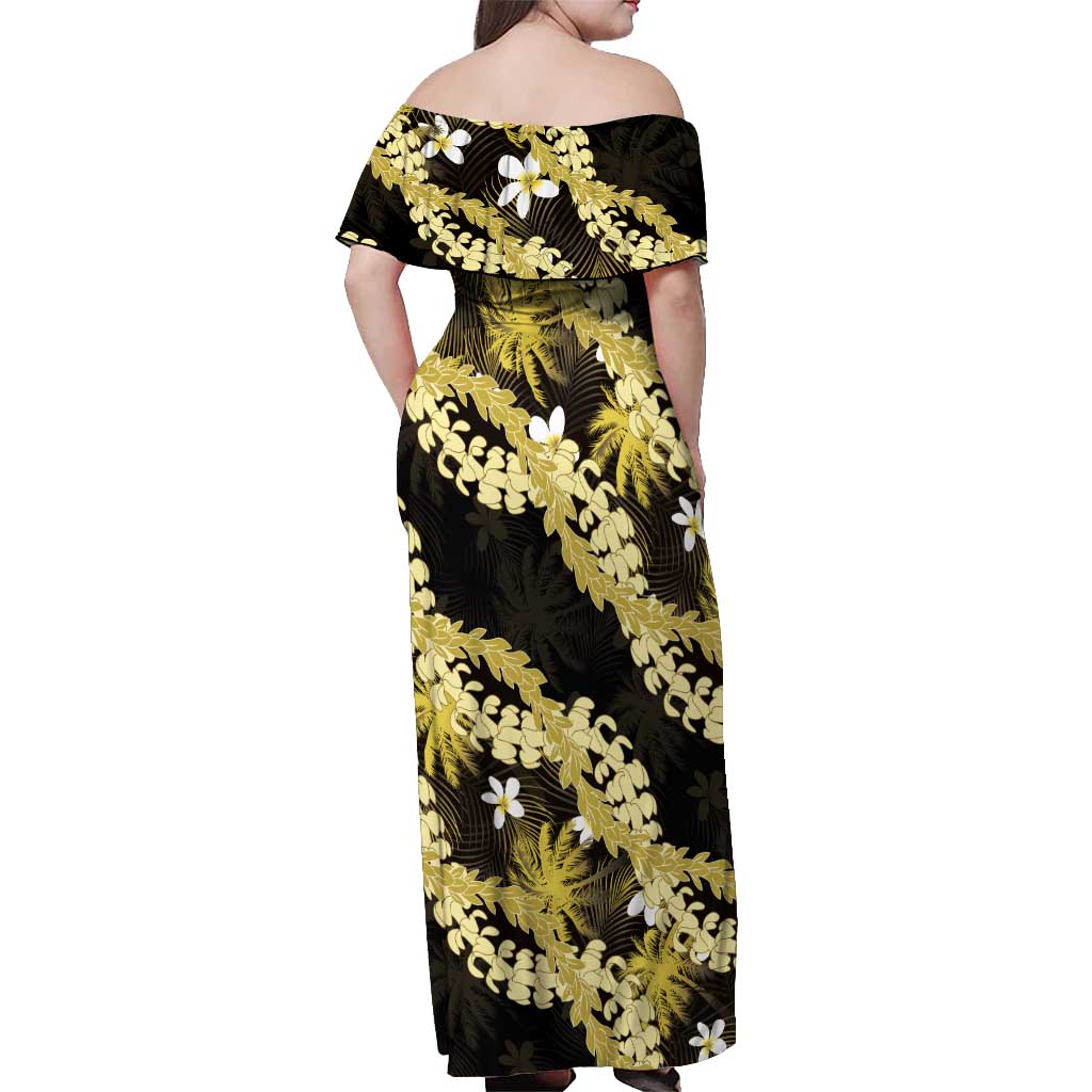 Puakenikeni Maile Lei Off Shoulder Maxi Dress Frangipani Yellow Tropical Leaves LT01 - Polynesian Pride