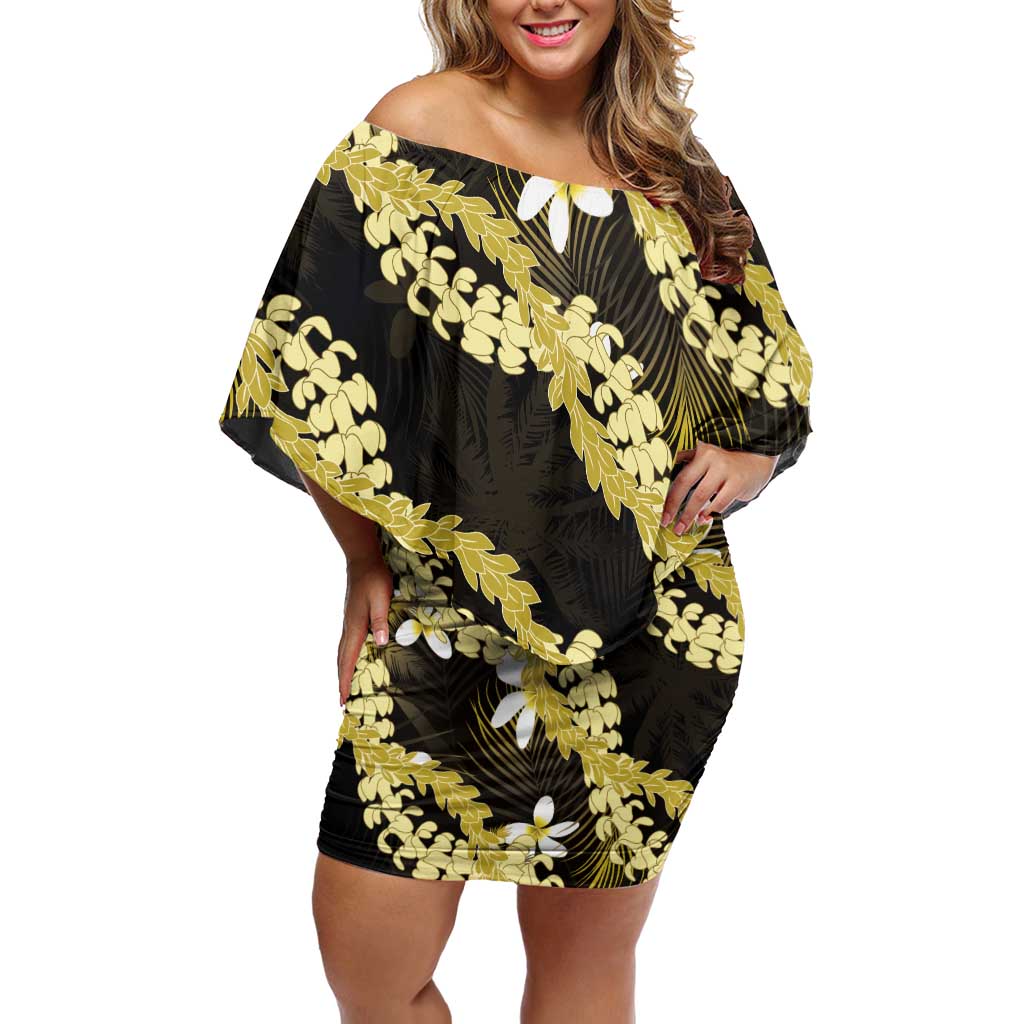 Puakenikeni Maile Lei Off Shoulder Short Dress Frangipani Yellow Tropical Leaves LT01 Women Yellow - Polynesian Pride