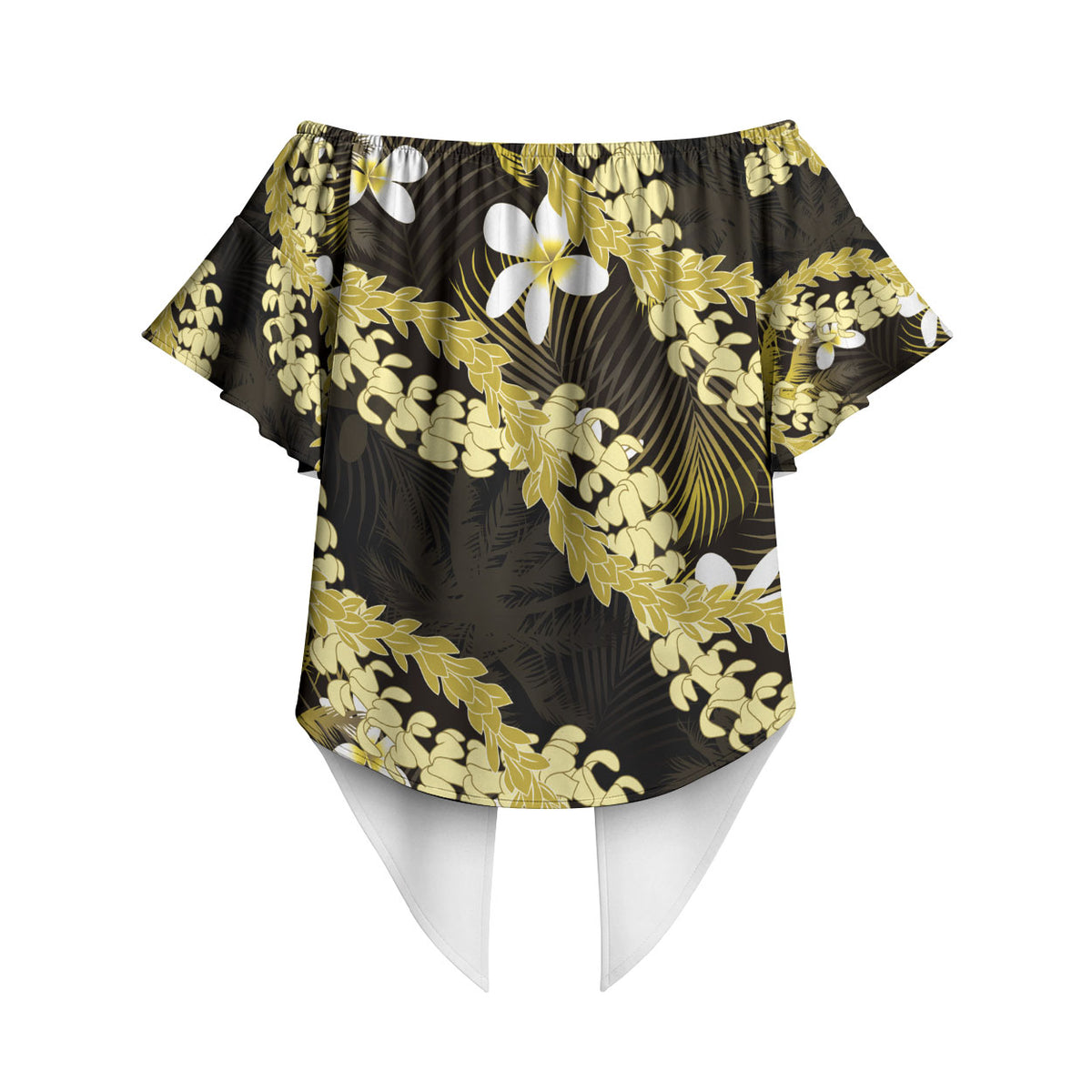 Puakenikeni Maile Lei Off Shoulder Wrap Waist Top Frangipani Yellow Tropical Leaves LT01 - Polynesian Pride