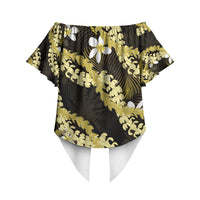 Puakenikeni Maile Lei Off Shoulder Wrap Waist Top Frangipani Yellow Tropical Leaves LT01 - Polynesian Pride