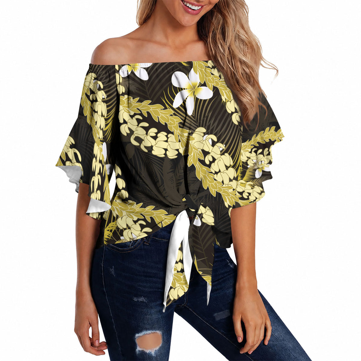 Puakenikeni Maile Lei Off Shoulder Wrap Waist Top Frangipani Yellow Tropical Leaves LT01 - Polynesian Pride