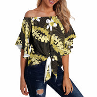 Puakenikeni Maile Lei Off Shoulder Wrap Waist Top Frangipani Yellow Tropical Leaves LT01 - Polynesian Pride