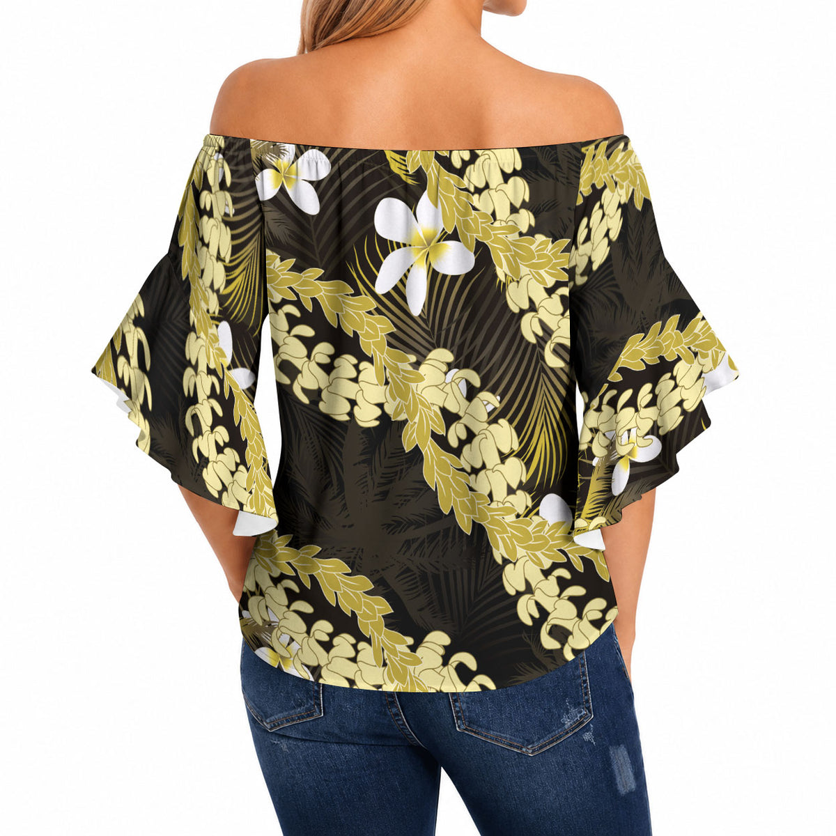 Puakenikeni Maile Lei Off Shoulder Wrap Waist Top Frangipani Yellow Tropical Leaves LT01 - Polynesian Pride