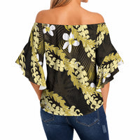 Puakenikeni Maile Lei Off Shoulder Wrap Waist Top Frangipani Yellow Tropical Leaves LT01 - Polynesian Pride
