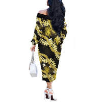 Puakenikeni Maile Lei Off The Shoulder Long Sleeve Dress Frangipani Yellow Tropical Leaves LT01 - Polynesian Pride