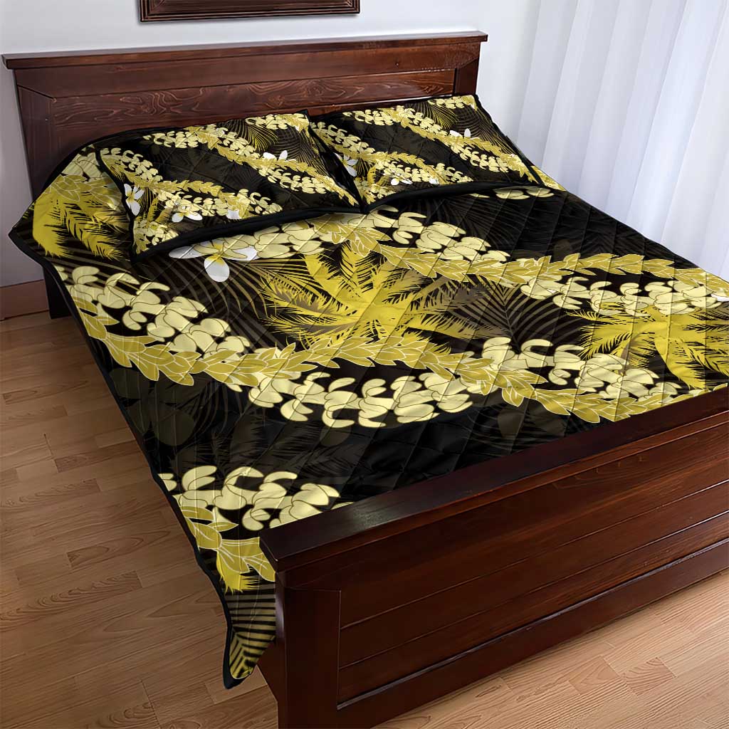 Puakenikeni Maile Lei Quilt Bed Set Frangipani Yellow Tropical Leaves