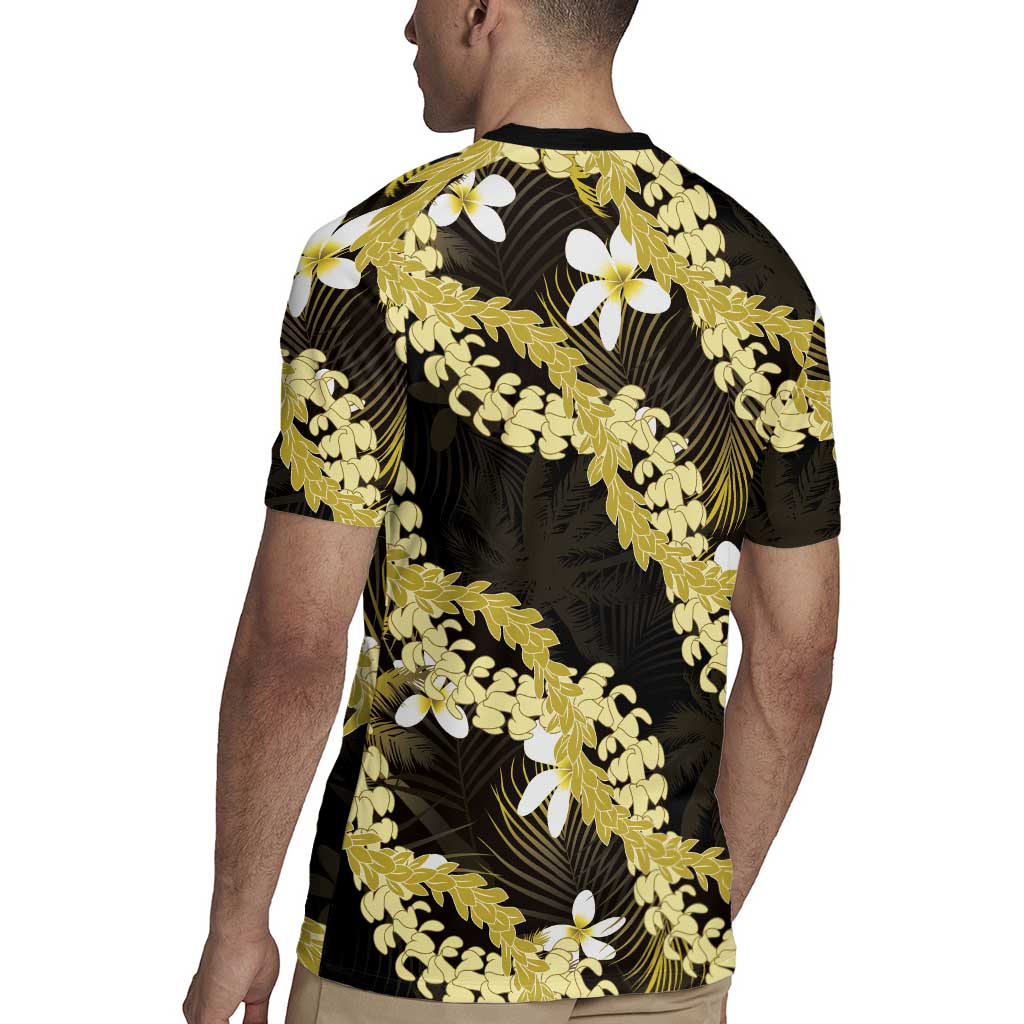 Puakenikeni Maile Lei Rugby Jersey Frangipani Yellow Tropical Leaves