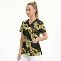 Puakenikeni Maile Lei Scrub Top Frangipani Yellow Tropical Leaves