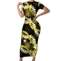 Puakenikeni Maile Lei Short Sleeve Bodycon Dress Frangipani Yellow Tropical Leaves LT01 Long Dress Yellow - Polynesian Pride