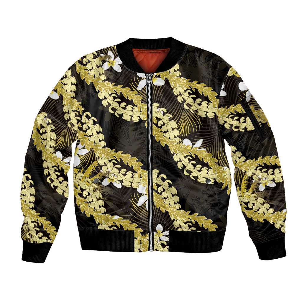 Puakenikeni Maile Lei Sleeve Zip Bomber Jacket Frangipani Yellow Tropical Leaves LT01 Unisex Yellow - Polynesian Pride