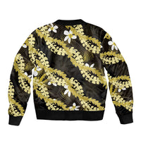 Puakenikeni Maile Lei Sleeve Zip Bomber Jacket Frangipani Yellow Tropical Leaves LT01 - Polynesian Pride