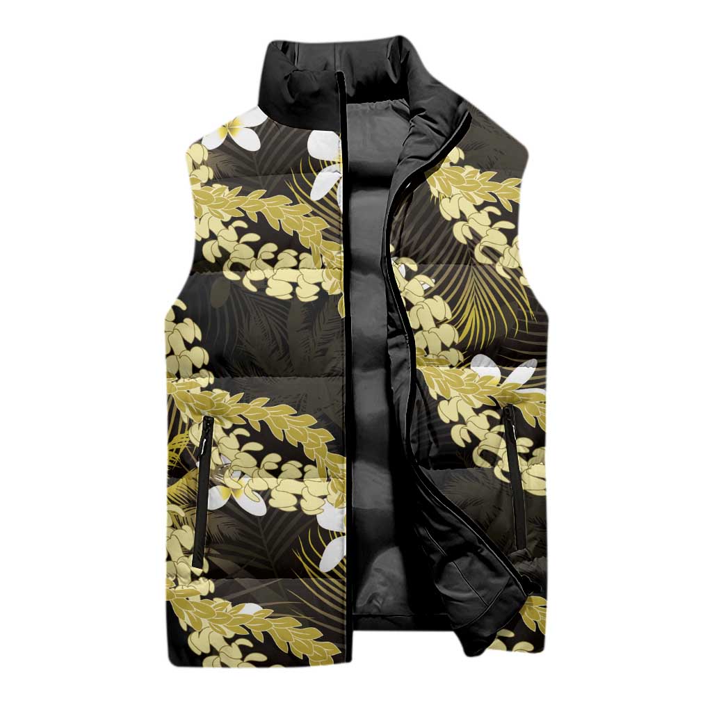 Puakenikeni Maile Lei Sleeveless Puffer Jacket Frangipani Yellow Tropical Leaves