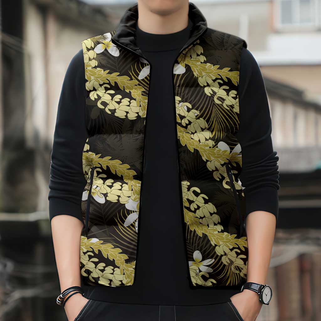 Puakenikeni Maile Lei Sleeveless Puffer Jacket Frangipani Yellow Tropical Leaves