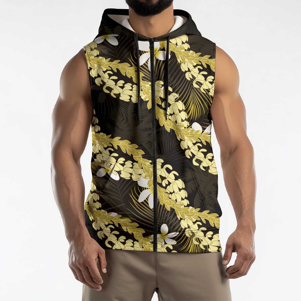 Puakenikeni Maile Lei Sleeveless Zip Hoodie Frangipani Yellow Tropical Leaves LT01 - Polynesian Pride