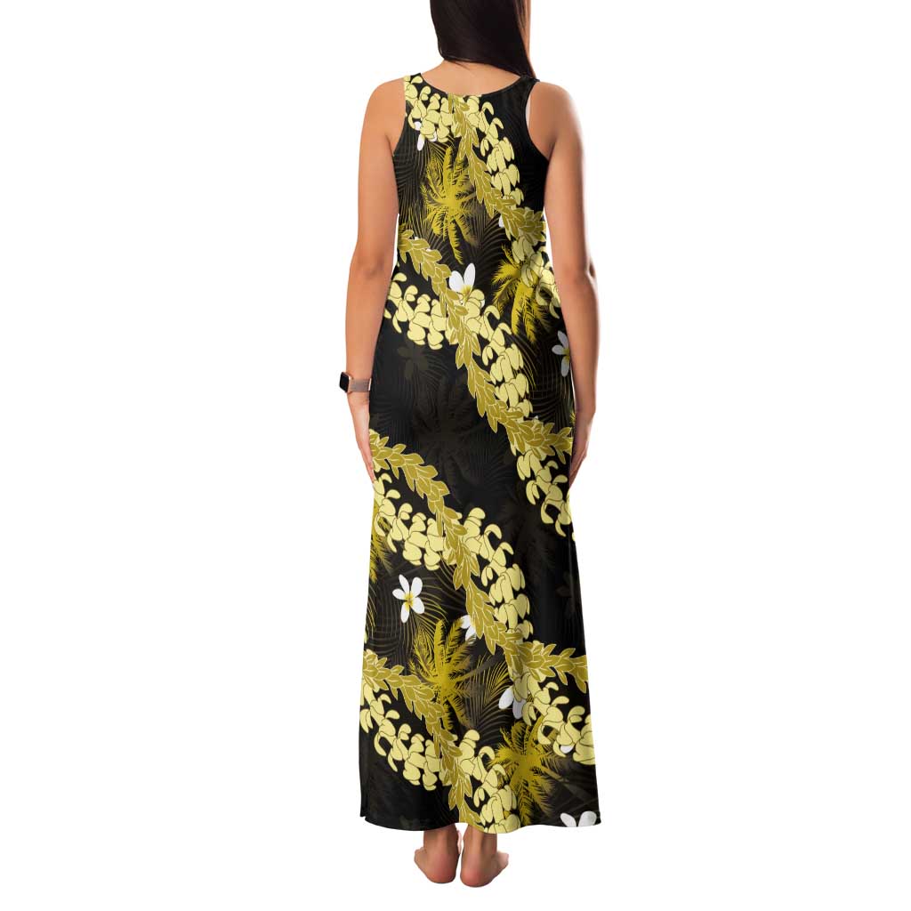 Puakenikeni Maile Lei Tank Maxi Dress Frangipani Yellow Tropical Leaves LT01 - Polynesian Pride