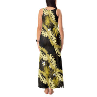 Puakenikeni Maile Lei Tank Maxi Dress Frangipani Yellow Tropical Leaves LT01 - Polynesian Pride