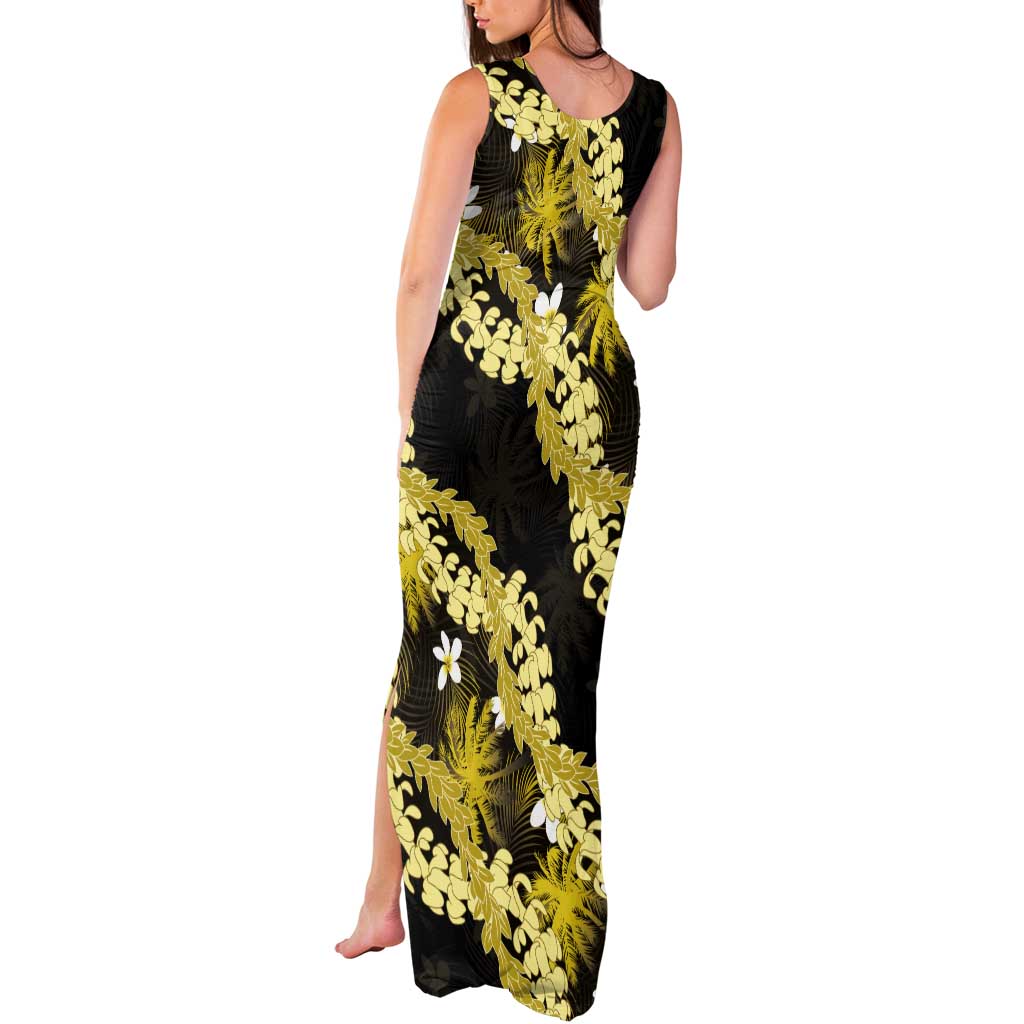 Puakenikeni Maile Lei Tank Maxi Dress Frangipani Yellow Tropical Leaves LT01 - Polynesian Pride