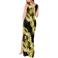 Puakenikeni Maile Lei Tank Maxi Dress Frangipani Yellow Tropical Leaves LT01 - Polynesian Pride