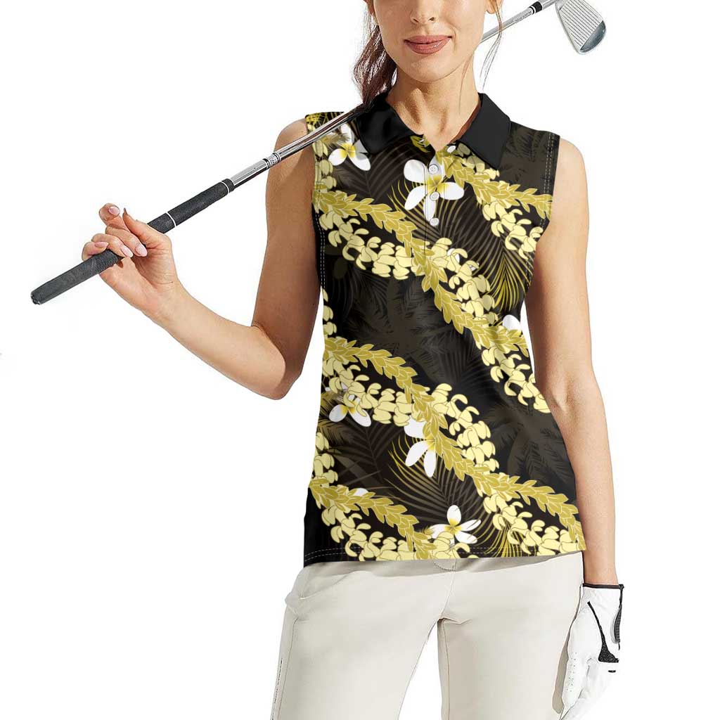 Puakenikeni Maile Lei Women Sleeveless Polo Shirt Frangipani Yellow Tropical Leaves LT01 - Polynesian Pride