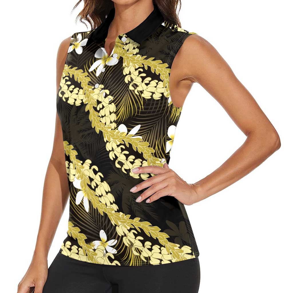 Puakenikeni Maile Lei Women Sleeveless Polo Shirt Frangipani Yellow Tropical Leaves LT01 - Polynesian Pride