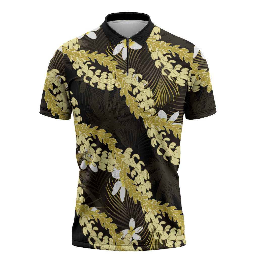 Puakenikeni Maile Lei Zipper Polo Shirt Frangipani Yellow Tropical Leaves LT01 Yellow - Polynesian Pride