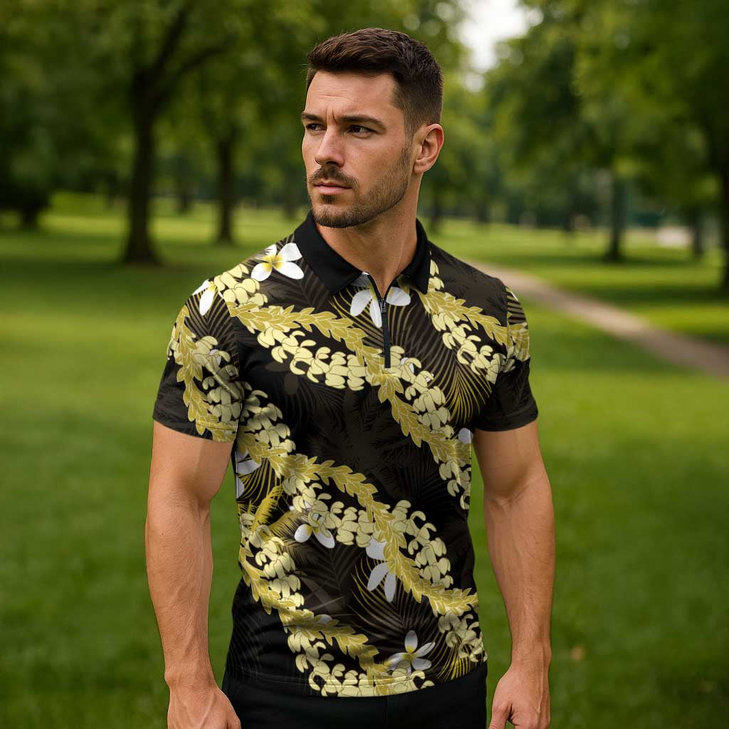 Puakenikeni Maile Lei Zipper Polo Shirt Frangipani Yellow Tropical Leaves LT01 - Polynesian Pride
