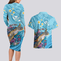 Personalized Hawaii Sea Turtle Couples Matching Long Sleeve Bodycon Dress and Hawaiian Shirt Hawaii Map Ocean Vibes