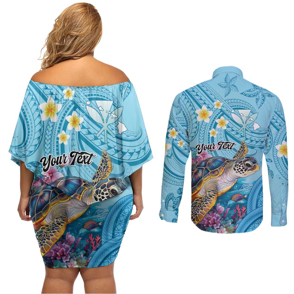 Personalized Hawaii Sea Turtle Couples Matching Off Shoulder Short Dress and Long Sleeve Button Shirt Hawaii Map Ocean Vibes