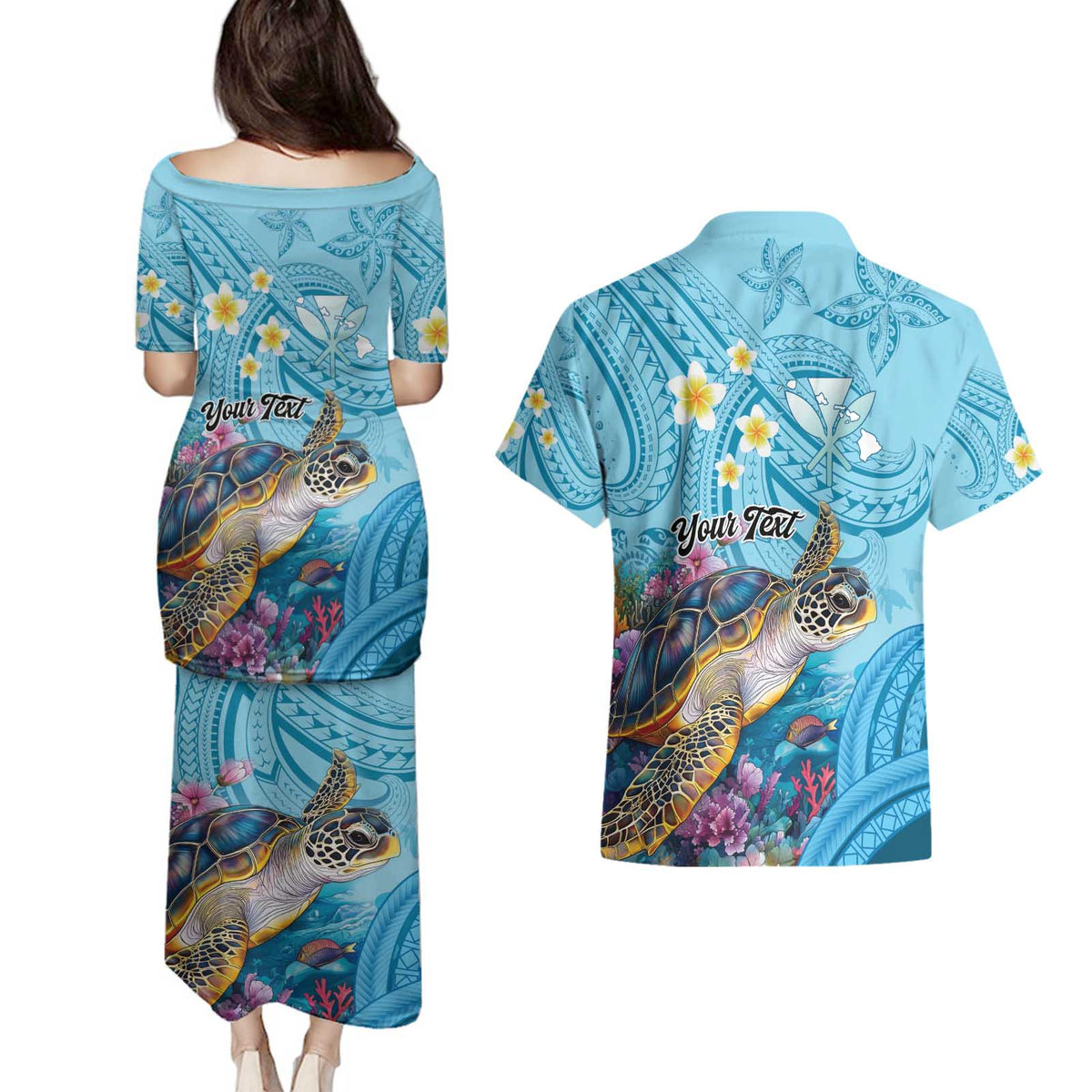 Personalized Hawaii Sea Turtle Couples Matching Puletasi and Hawaiian Shirt Hawaii Map Ocean Vibes