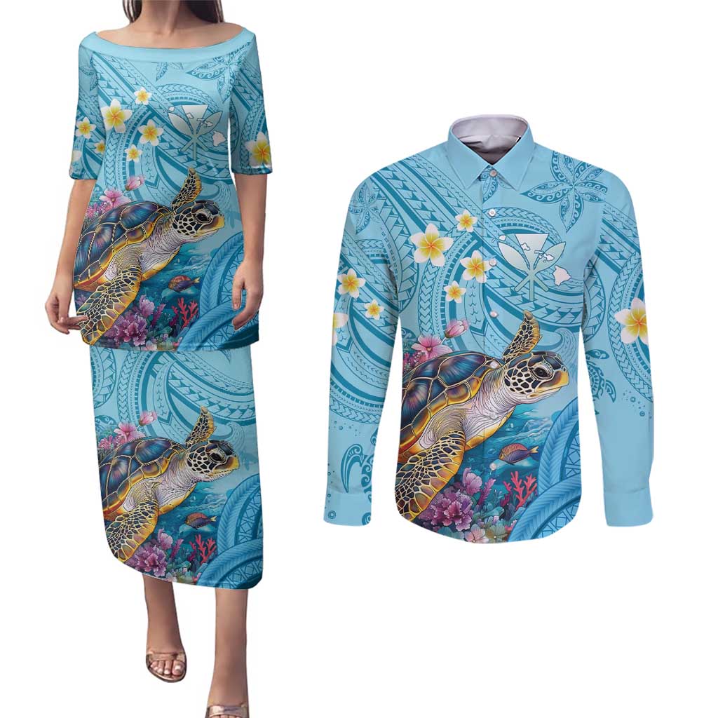 Personalized Hawaii Sea Turtle Couples Matching Puletasi and Long Sleeve Button Shirt Hawaii Map Ocean Vibes LT01 Blue - Polynesian Pride