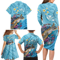 Personalized Hawaii Sea Turtle Family Matching Long Sleeve Bodycon Dress and Hawaiian Shirt Hawaii Map Ocean Vibes