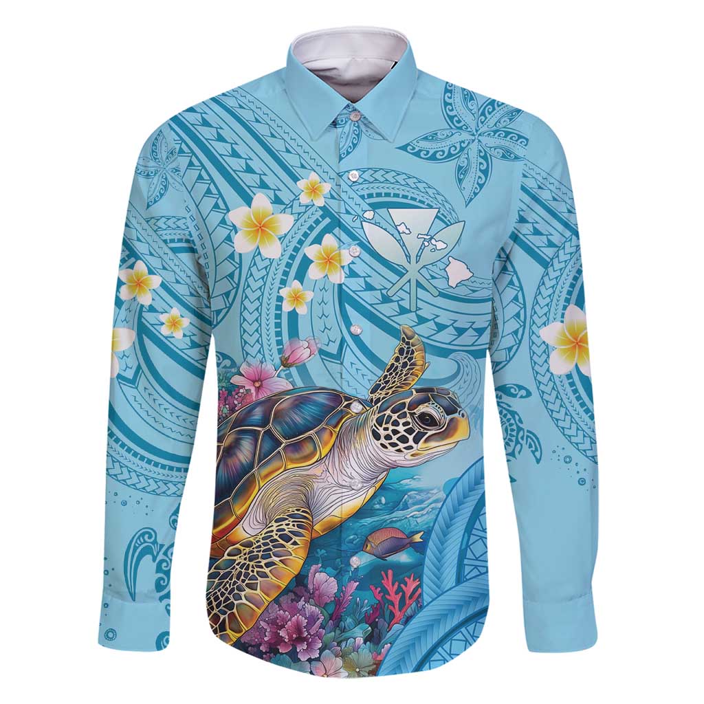 Personalized Hawaii Sea Turtle Family Matching Mermaid Dress and Hawaiian Shirt Hawaii Map Ocean Vibes LT01 Dad's Shirt - Long Sleeve Blue - Polynesian Pride