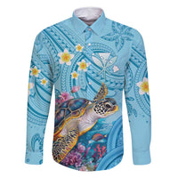 Personalized Hawaii Sea Turtle Family Matching Mermaid Dress and Hawaiian Shirt Hawaii Map Ocean Vibes LT01 Dad's Shirt - Long Sleeve Blue - Polynesian Pride
