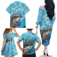 Personalized Hawaii Sea Turtle Family Matching Off The Shoulder Long Sleeve Dress and Hawaiian Shirt Hawaii Map Ocean Vibes